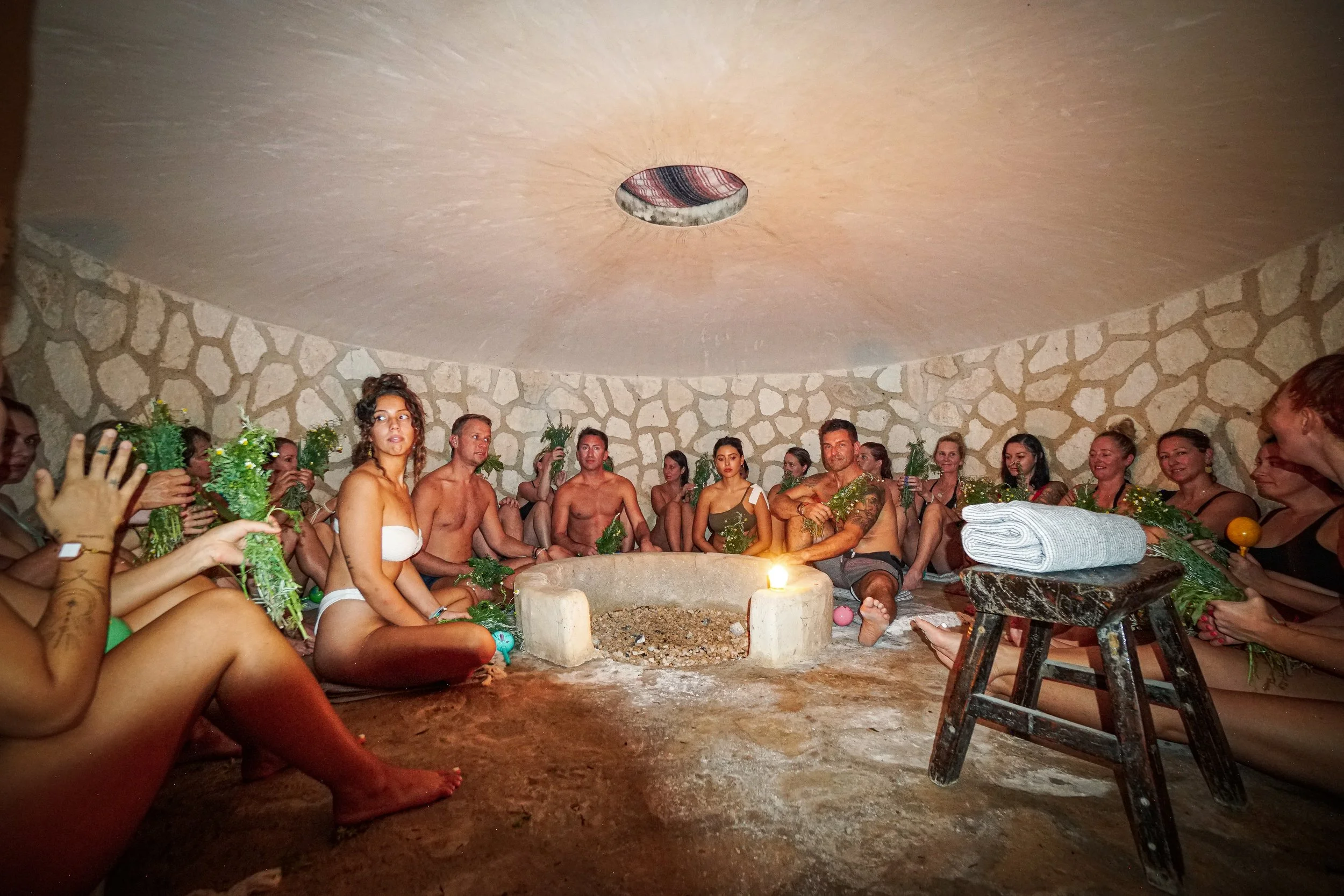 guests enjoy a temazcal ceremony at Amansala’s all inclusive resort